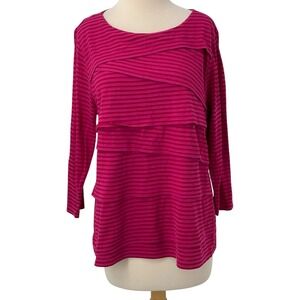 Chico's Women's 3/4 Sleeve Pink Striped Tiered Ruffle Pullover‎ Top Size 2/Large